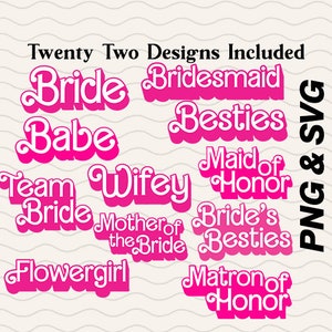 Braut Hochzeit Bundle SVG und PNG 23 Designs Retro Barbi inspiriert / Wedding Party Clipart, Bride Clipart for diy Use