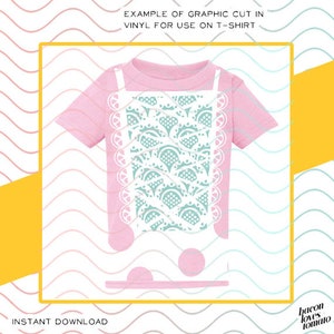 May include: A pink t-shirt with a white graphic cut out design. The design features a lace pattern with a teal blue background. The text "EXAMPLE OF GRAPHIC CUT IN VINYL FOR USE ON T-SHIRT" is at the top of the image. The text "INSTANT DOWNLOAD" is at the bottom of the image. The text "bacon loves tomato" is in the bottom right corner of the image.