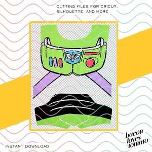 Puede incluir: Diseño digital verde, morado y negro de un personaje de la película Toy Story. El diseño incluye un casco de ranger espacial, una pieza de pecho y un cinturón. El diseño es para archivos de corte para Cricut, Silhouette y más.