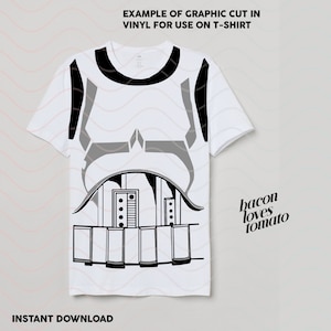 May include: A white t-shirt with a black graphic design of a stormtrooper helmet. The graphic is cut out of vinyl and is ready to be applied to a t-shirt. The text "hacon loves tomato" is printed on the right side of the image.