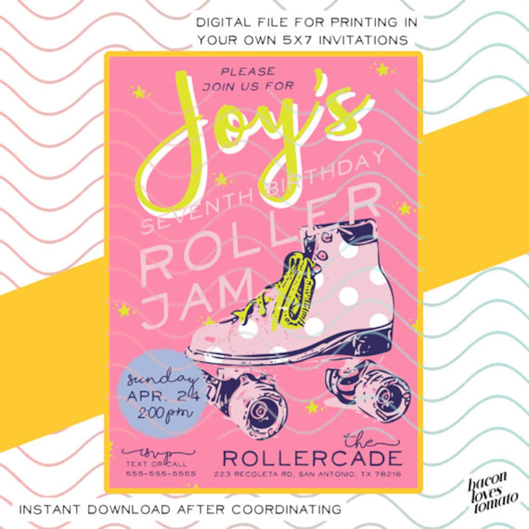 Girl's Roller Skating Jam Party Printable 5x7 Invitation Etsy
