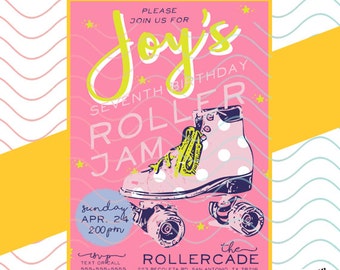 Girl&#39;s Roller Skating Jam Party - Printable 5x7 Invitation JPEG / PDF File for Printing DIY