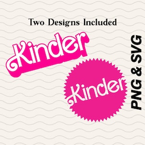 May include: Two designs of the word "Kinder" in a pink and white color scheme. The first design is a cursive font with a swirl at the beginning of the word. The second design is a bold font with a starburst shape around the word. The text "PNG & SVG" is in black text on the right side of the image.