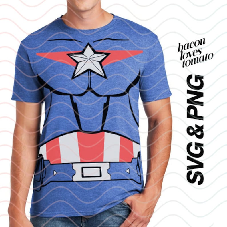 May include: A blue t-shirt with a red, white, and blue Captain America costume design. The design includes a star, a chest plate, and a belt.