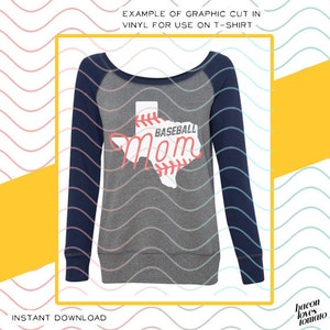 May include: A grey, blue and white baseball mom t-shirt design featuring a baseball stitched into the shape of the state of Texas. The text "Baseball Mom" is written in a cursive font.