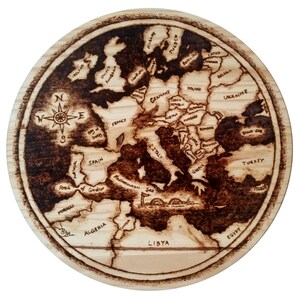 Map of Europe Woodburning Pine Round