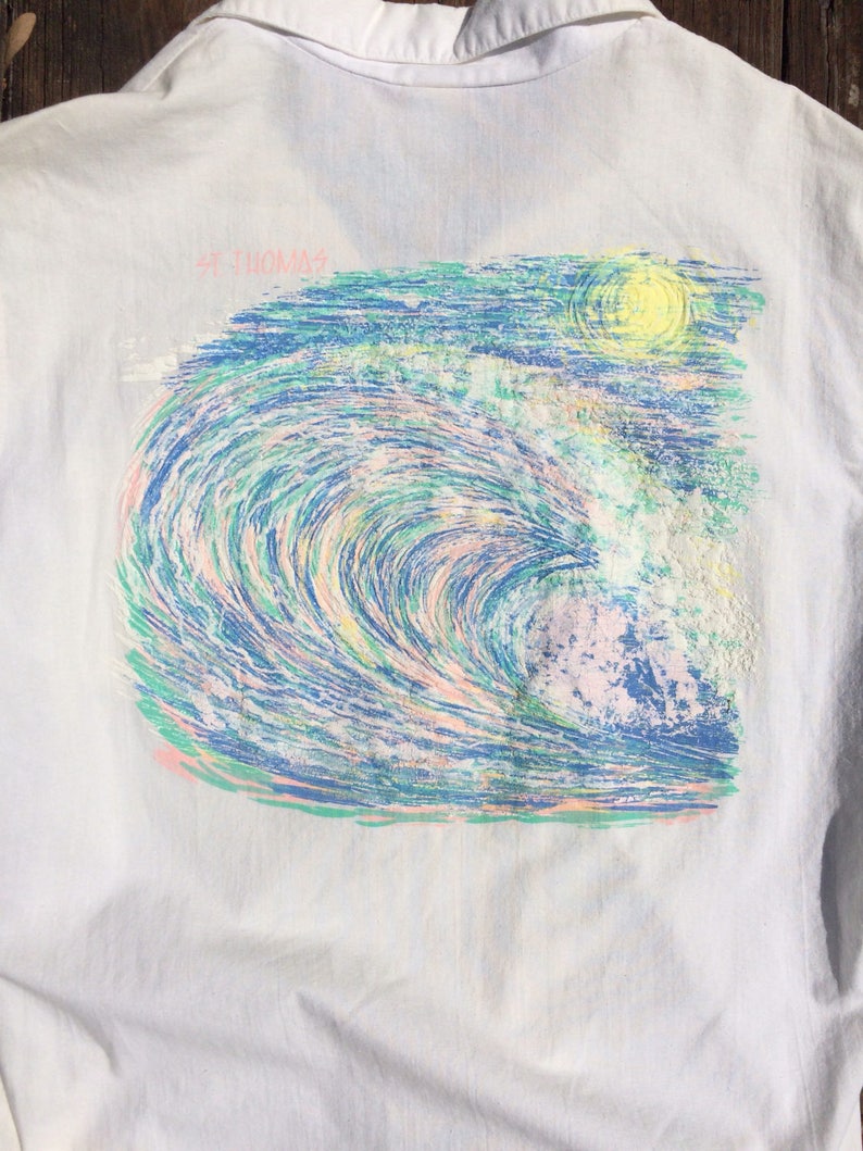 Vintage St. Thomas Resort Wear Button Up Shirt Sz L USED Wave Surfer Surf Neon Graphic 90s 1990s Beach Surfing image 4