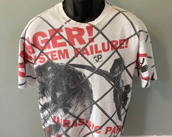 Jurassic Park 1993 USA製ラプター Tシャツヴィンテージ両面 1993 Jurassic Park Velociraptor All Over Print Shirt Vintage 90s