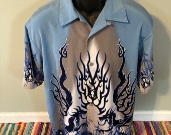 90s Dragon Fire Flames Geometric Button Shirt Polyester Medium