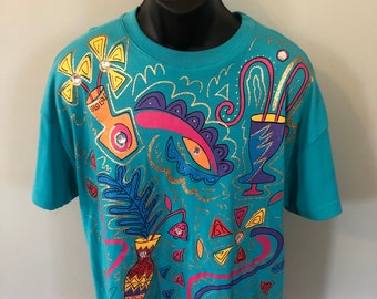 90s Neon Shapes Shirt Vintage Tee Design Pattern Swarovski Crystal Bedazzle Fun Flowers Vase All Seeing Eye Keith Haring Unisex XL