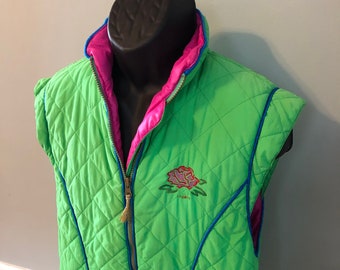 80s Ungaro Neon Ski Vest Jacket Vintage Winter Snow Snowboard Green Pink Made In Italy Large