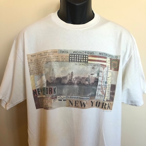 80s New York City Skyline Shirt Vintage Tee Broadway Map Manhattan West Side Channel American Flag Water Front Empire State Time Square XL