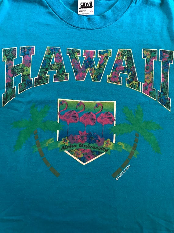 80s Hawaii Turtle Bay Shirt Vintage Tee Neon Aloh… - image 3