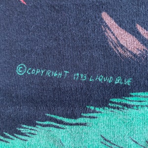 May include: Close-up of a black t-shirt with green and brown graphic print. The text "COPYRIGHT 1993 LIQUID BLUE" is printed in green on the bottom of the shirt.