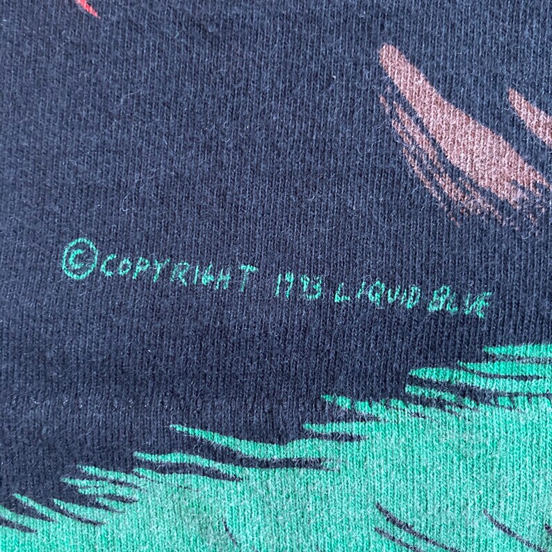 May include: Close-up of a black t-shirt with green and brown graphic print. The text "COPYRIGHT 1993 LIQUID BLUE" is printed in green on the bottom of the shirt.