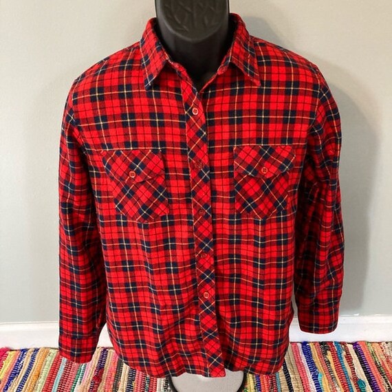 70s Sears Plaid Flannel Shirt Vintage Striped Red Holiday Buffalo