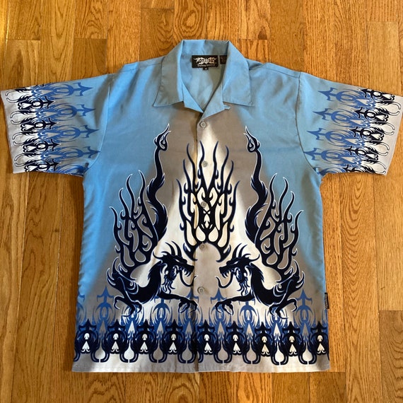 90s Dragon Fire Flames Geometric Button Shirt Polyest… - Gem