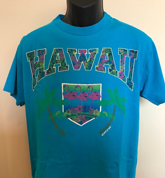 80s Hawaii Turtle Bay Shirt Vintage Tee Neon Aloh… - image 1