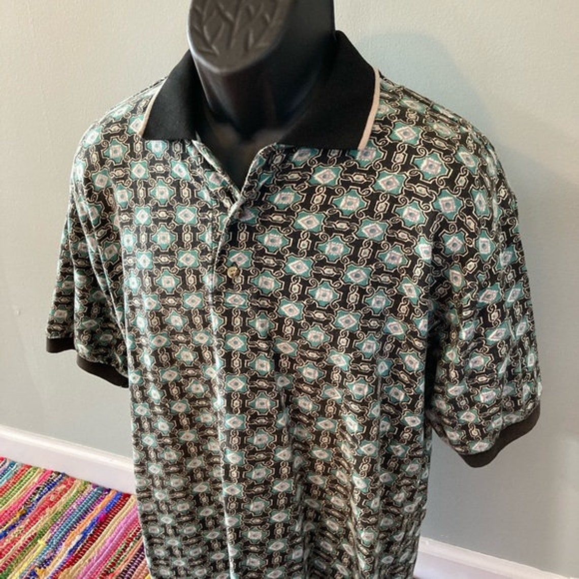 80s Geometric Polo Shirt All Over Print Chain Pattern Striped - Etsy