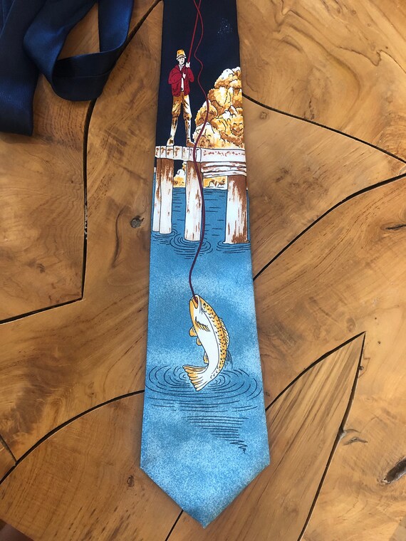 80s Fisherman Striped Bass Tie Vintage Fishing Dock White Tuna