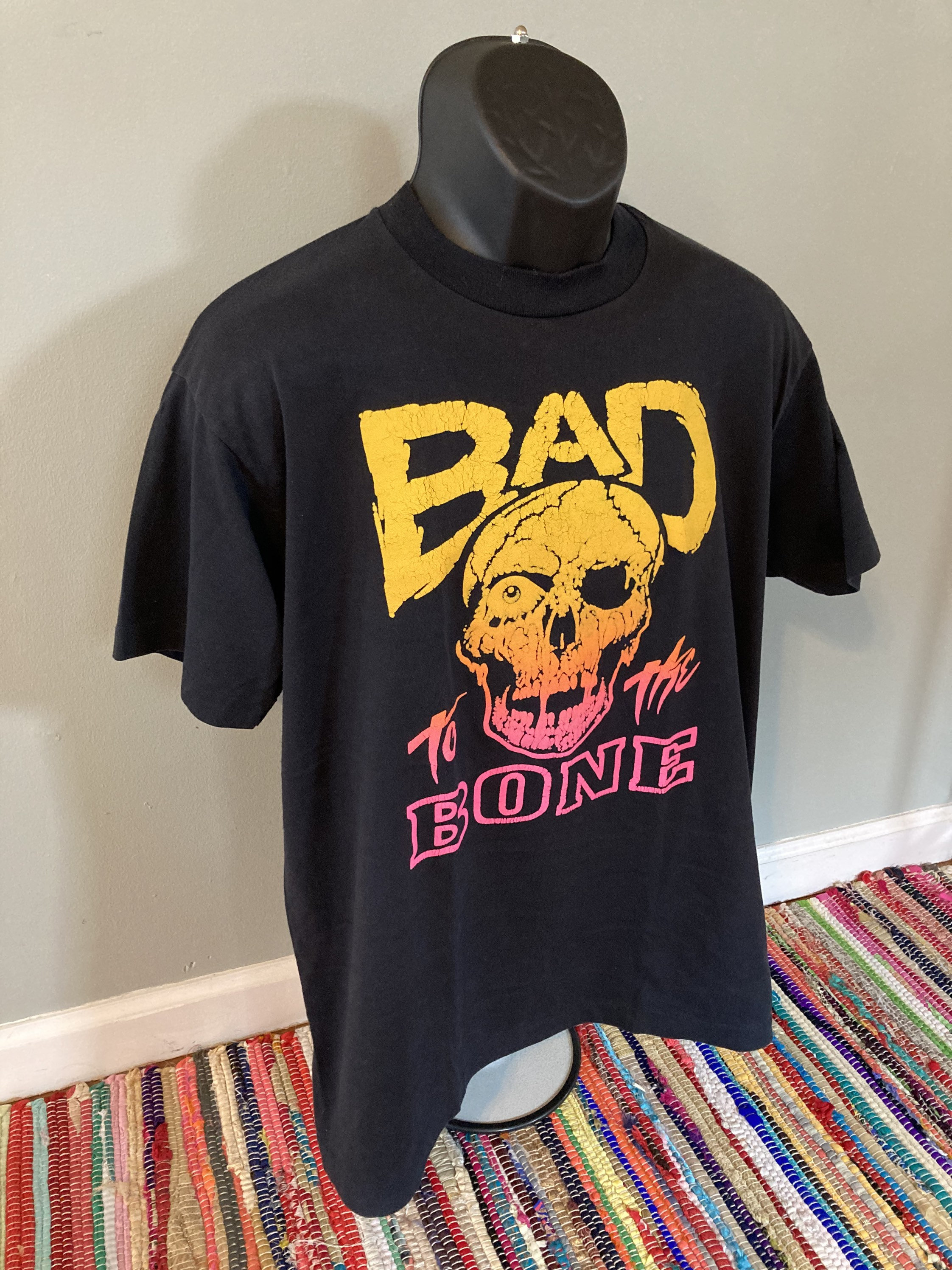 Harley-Davidson Bad to the Bone Tシャツ【XL】 80s Bad to the Bone Neon Skull Shirt Vintage Tee Puff Print Harley