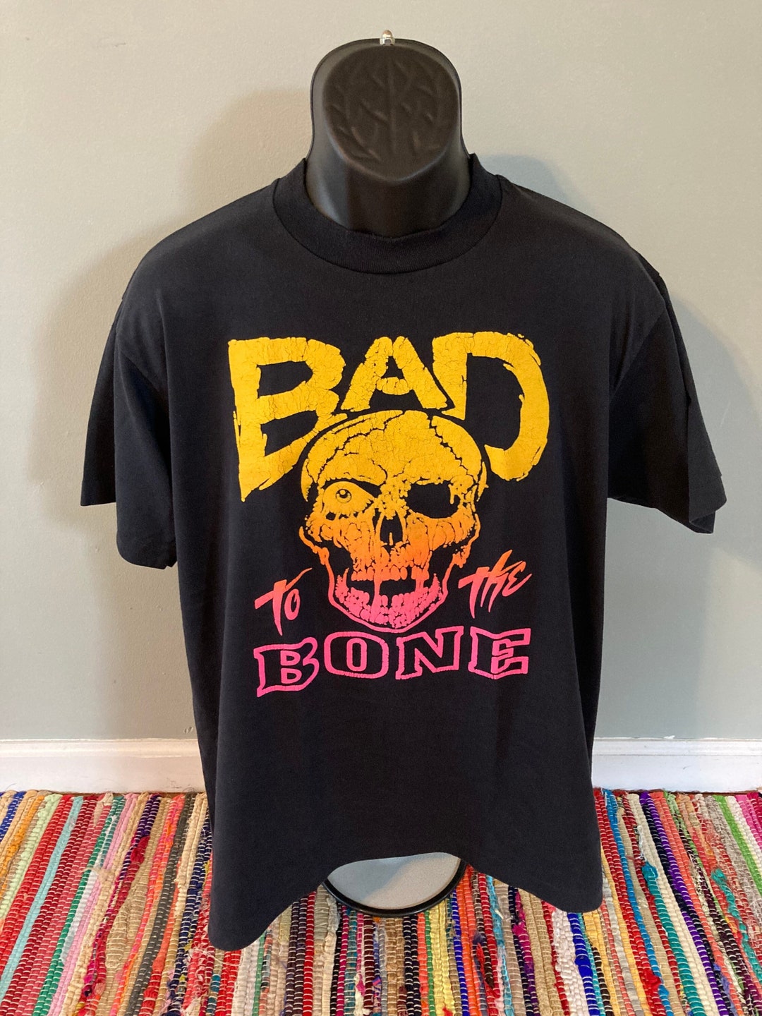 80s Bad to the Bone Neon Skull Shirt Vintage Tee Puff Print Harley