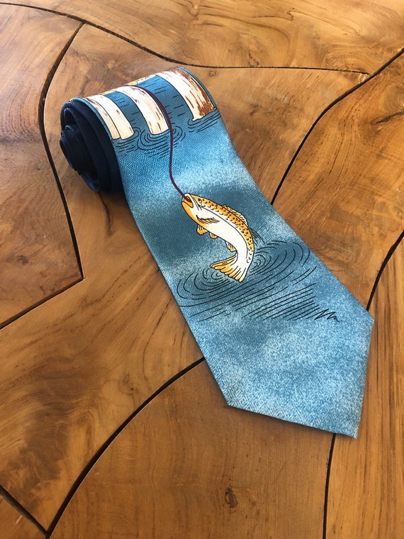 80s Fisherman Striped Bass Tie Vintage Fishing Dock White Tuna