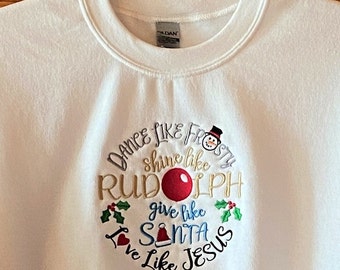 Embroidered Christmas Sweatshirt, Holiday Fleece, Frosty, Rudolph, Santa