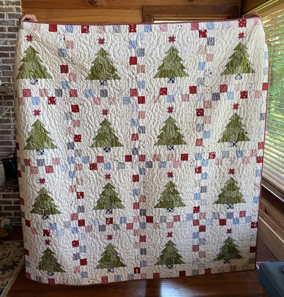 Only One - Christmas Trees Handmade Patchwork Quilt / Holiday Home Decor / Holiday Quilts / Christmas Decor / Family Gift / Wedding Gift