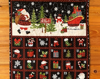 Quilted Santa's Tree Farm Advent Calendar, Buffalo Plaid Christmas Countdown Wall Hanging