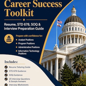 May include: A dark blue and cream informational guide titled California State Career Success Toolkit. It features a photograph of the California State Capitol building, text listing resume and interview preparation resources, and the author name Gulnaz Banu.