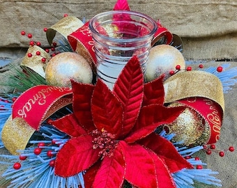 Christmas Centerpiece, red and gold centerpiece, candle centerpiece, vase centerpiece, Christmas table centerpiece.  Dinning table