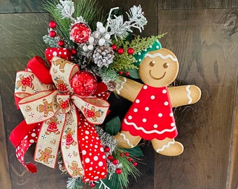 Gingerbread Wreath,  Christmas wreath, gingerbread cookie decor,  red and green Christmas wreath, Christmas kitchen decor