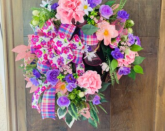 Floral Summer Door Wreath, Pink Purple Decor