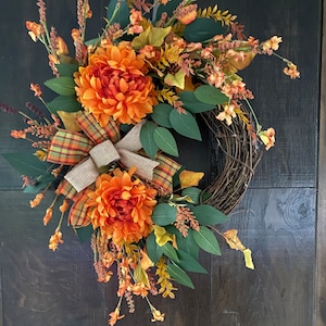 Fall decorator wreath for front door, thanksgiving wreath, fall wreath, fall decor, orange peony mum wreath, autumn decor, wall decor