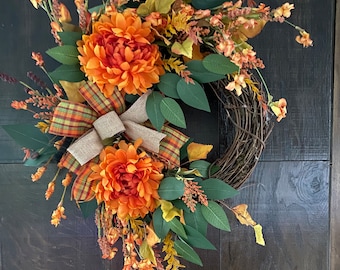Fall decorator wreath for front door, thanksgiving wreath, fall wreath, fall decor, orange peony mum wreath, autumn decor, wall decor