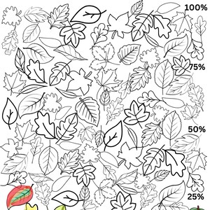 Puede incluir: Dibujo lineal en blanco y negro de varias hojas con el texto "Let's leaf debt behind". Algunas hojas están coloreadas en tonos rojos, amarillos, verdes y marrones. Los porcentajes están marcados en el lado derecho de la imagen.