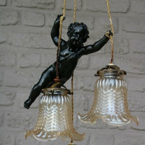 Antique french spelter bronze putti angel 3 shade pendant lamp chandelier