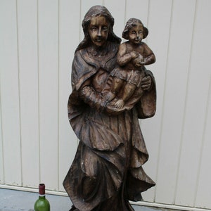 Antique 18thc 43&quot; wood carved putti cherubs church madonna statue figurine
