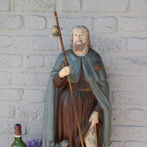 Antique xl french rare top religious figurine statue saint roch dog signed