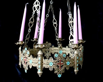 Antique french bronze religious church enamel chandelier candle holders lamp