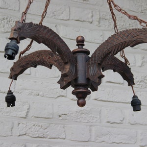 Antique French wood carved gothic castle arm dragons chandelier