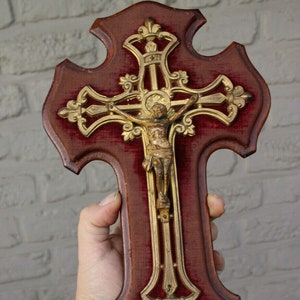 Antique french holy water font crucifix velvet religious
