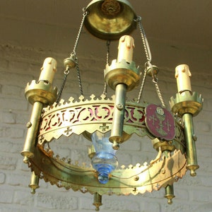 Antique french church bronze enamel neo gothic chandelier lamp religious