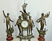 Vintage 1970 french zinc spelter mantel clock set statue figurine