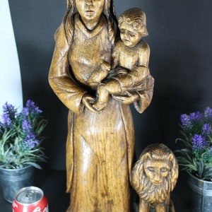 Antique rare our lady of flanders lion madonna statue wood carved