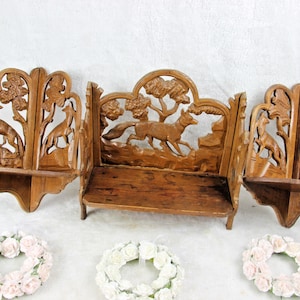 Set of 3 black forest wood carved wall shelf console hunting dog deer 1960