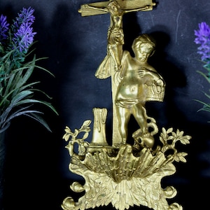 Antique french bronze crucifix holy water font rare
