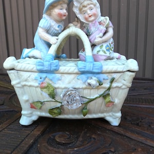 Vintage porcelain faience children doll bonbonniere box basket