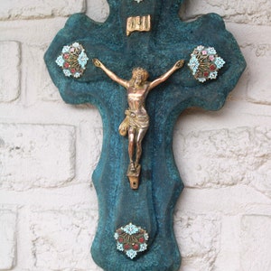 Antique french cloisonne enamel velvet crucifix holy water font religious